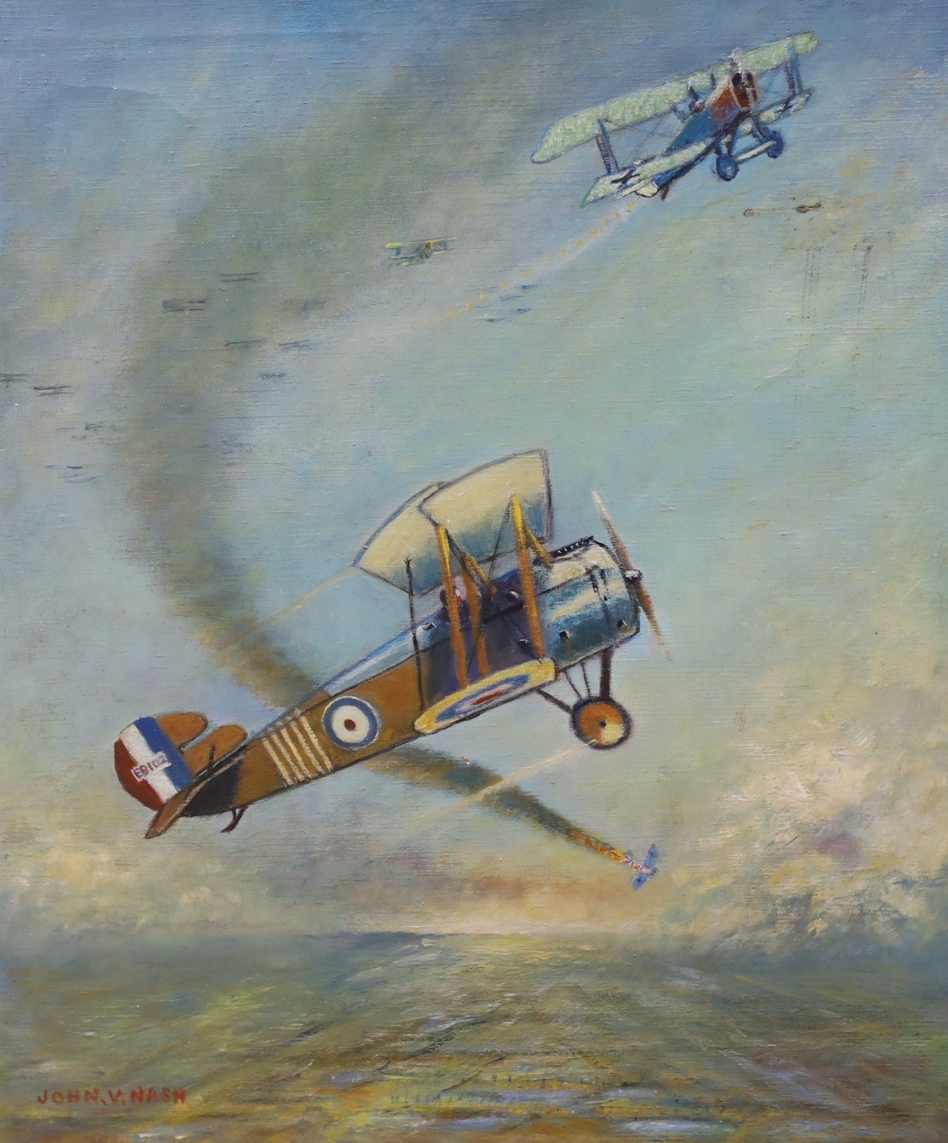 John V. Nash (20th C.), oil on canvas, 'Major W.G. Barker flying a Sopwith Snipe, 1918', signed, 60 x 50cm